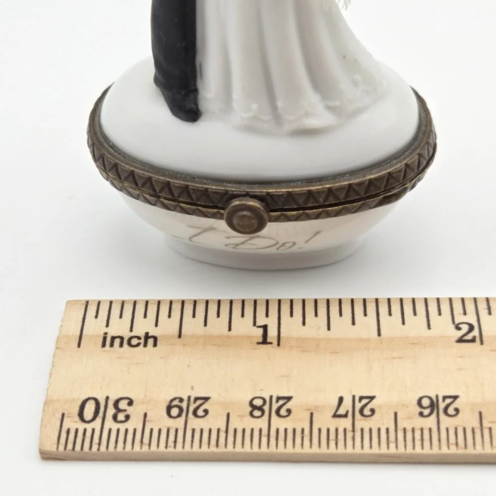 PHB Porcelain Hinged Trinket Box With Bride And Groom Wedding Cake Topper I DO!